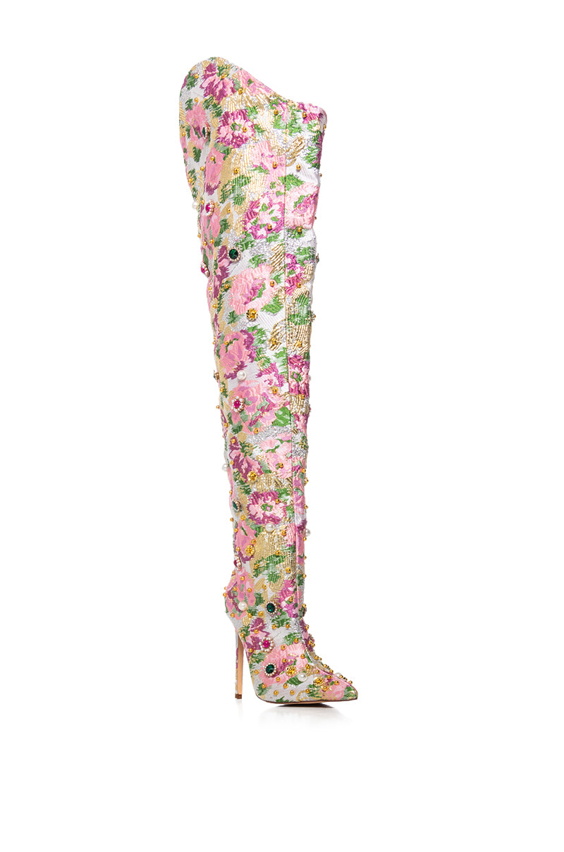 AZALEA WANG ARTISTES BROCADE EMBELLISHED BOOT IN PINK