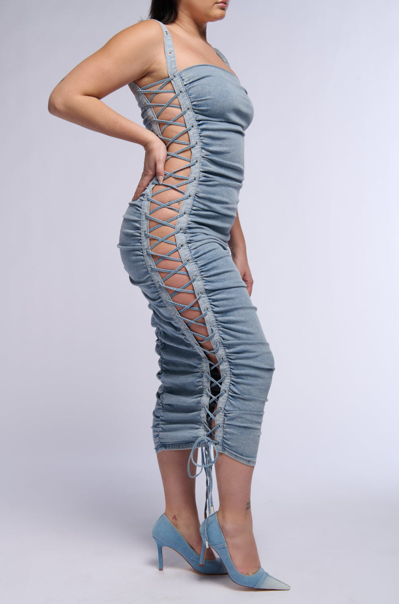 LOOK AT ME LACE UP DENIM MIDI DRESS