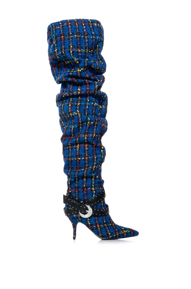 AZALEA WANG TAJA PLAID THIGH HIGH BOOT WITH BUCKLE DETAIL IN BLUE