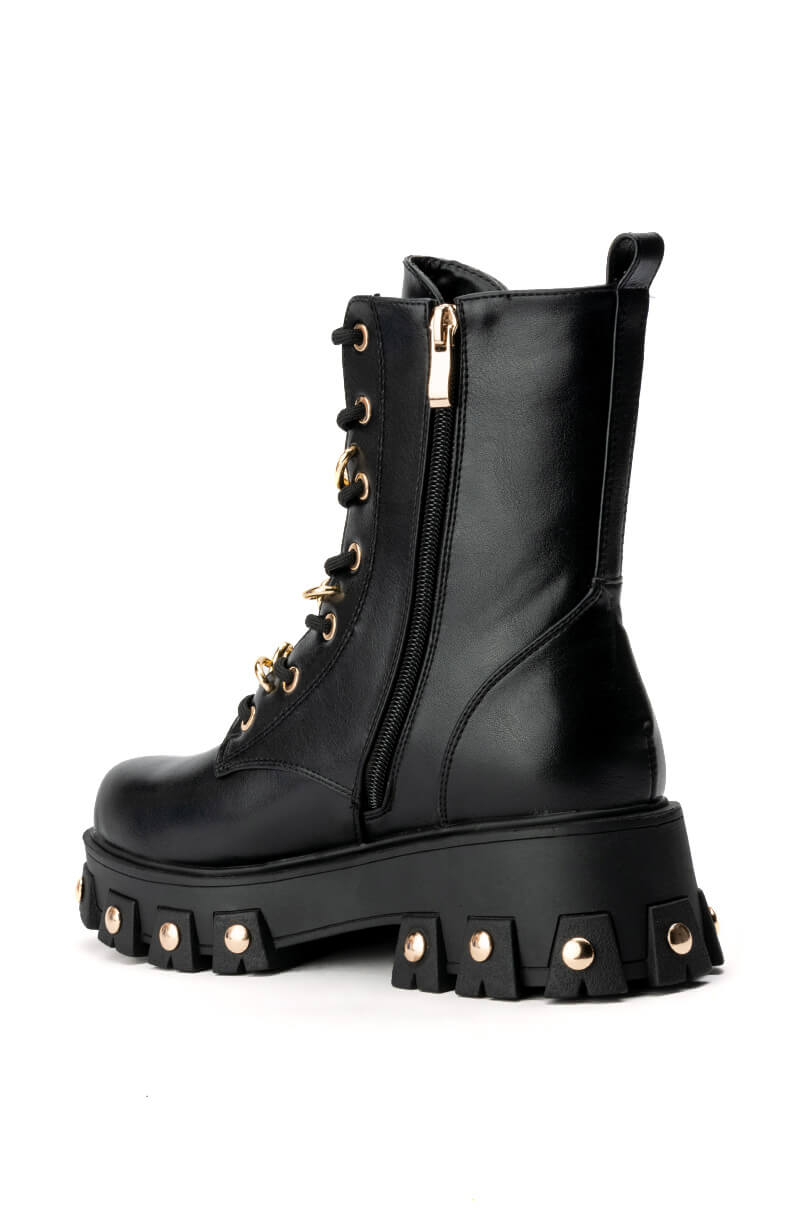 AZALEA WANG MARIE CHAIN LACE UP FLATFORM BOOTIE IN BLACK