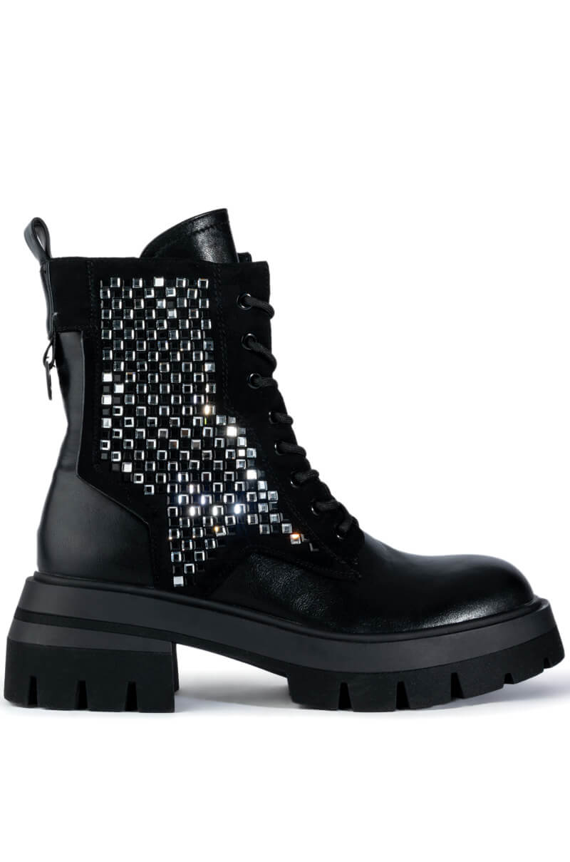 AZALEA WANG PHOEBE FLATFORM BLING COMBAT BOOT IN BLACK
