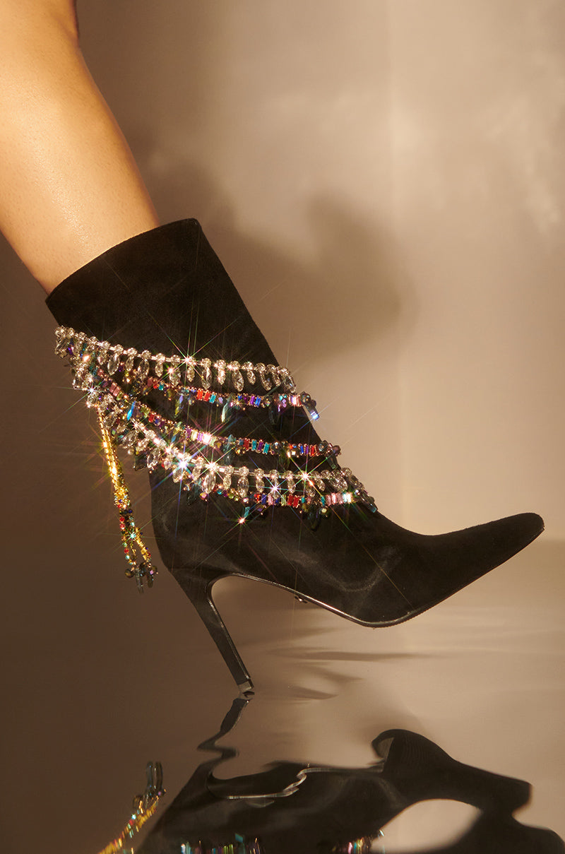 AZALEA WANG CONEJITO BLACK SUEDE BOOTIE WITH RAINBOW DIAMONDS