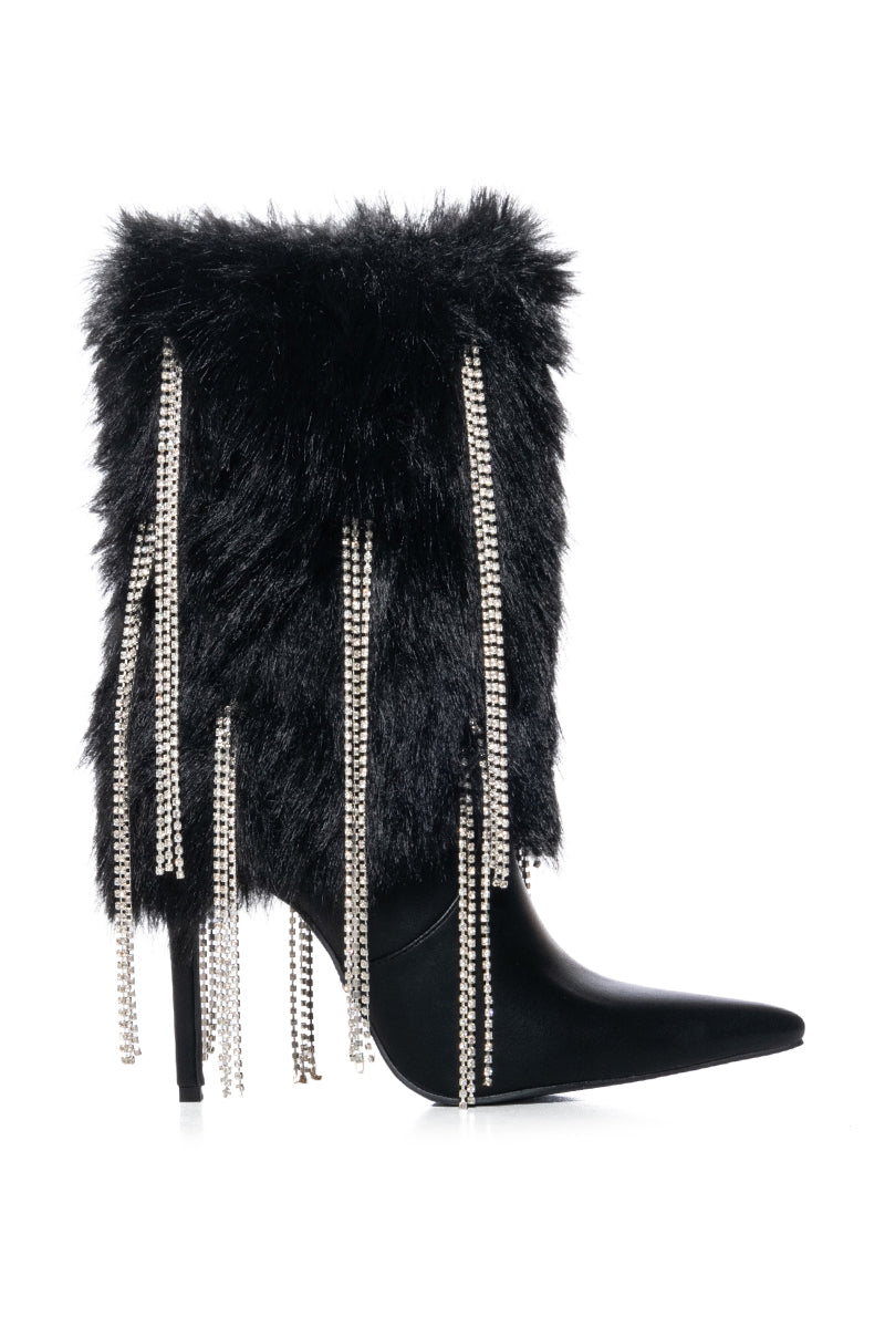 AZALEA WANG STEPHY BLACK FURRY BOOTIE WITH DIAMOND DRIP DETAIL