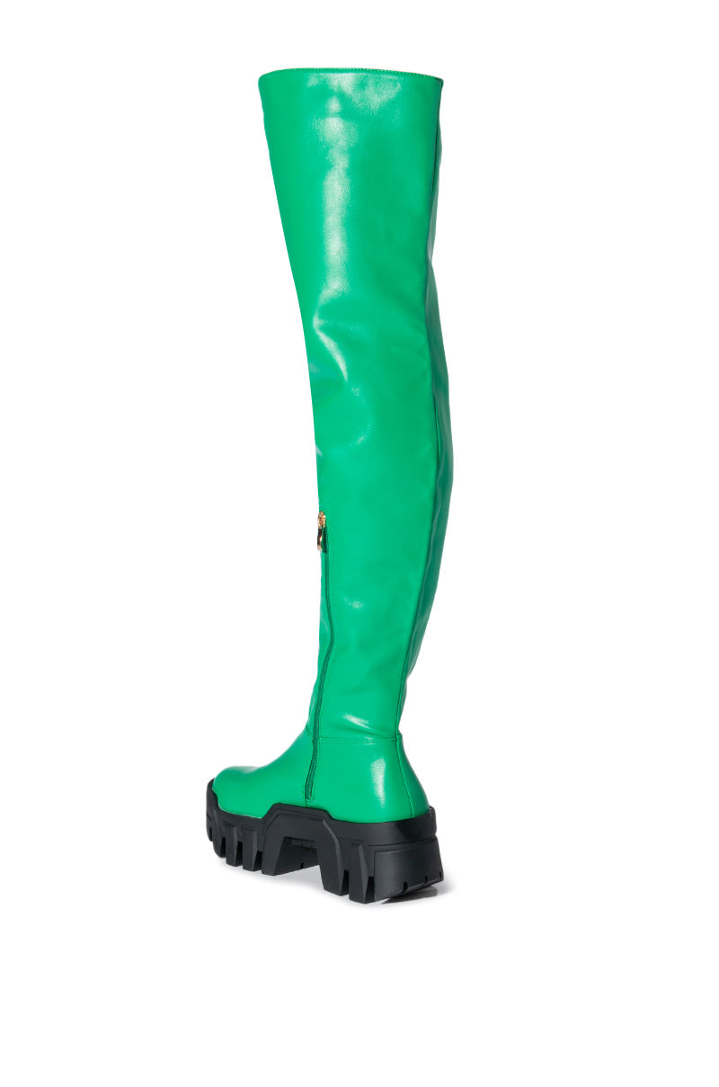 AZALEA WANG SUSIE THIGH HIGH FLATFORM BOOT IN GREEN