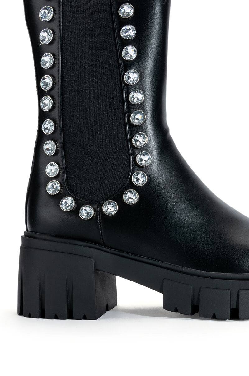 AZALEA WANG LINCOLN RHINESTONE FLATFORM BOOTIE IN BLACK