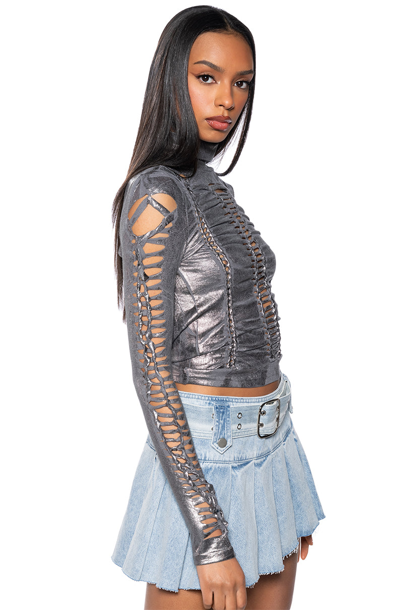 DISTRESSED METALLIC SHEEN TURTLENECK KNIT TOP