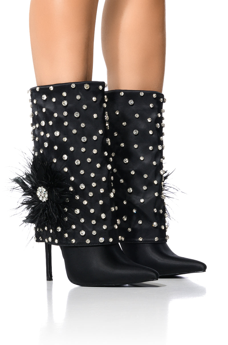 AZALEA WANG BLAISE BLACK DIAMOND STUDDED BOOT WITH FLOWER DETAIL