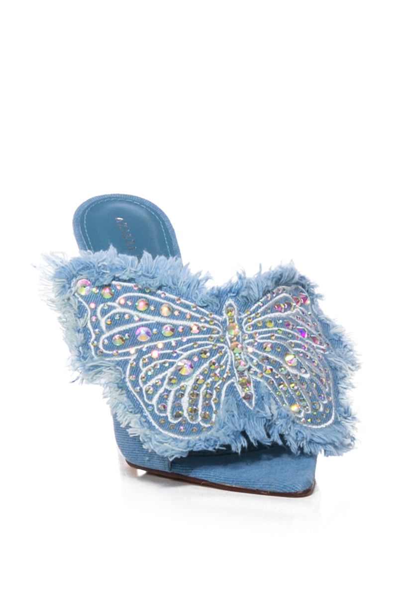 AZALEA WANG ALAYA EMBELLISHED BUTTERFLY STILETTO SANDAL IN DENIM