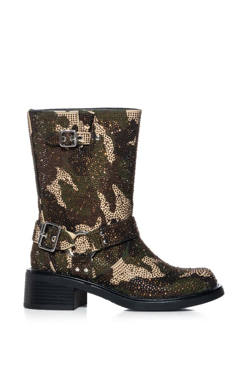 AZALEA WANG ROWENA CAMO RHINESTONE BOOTIE