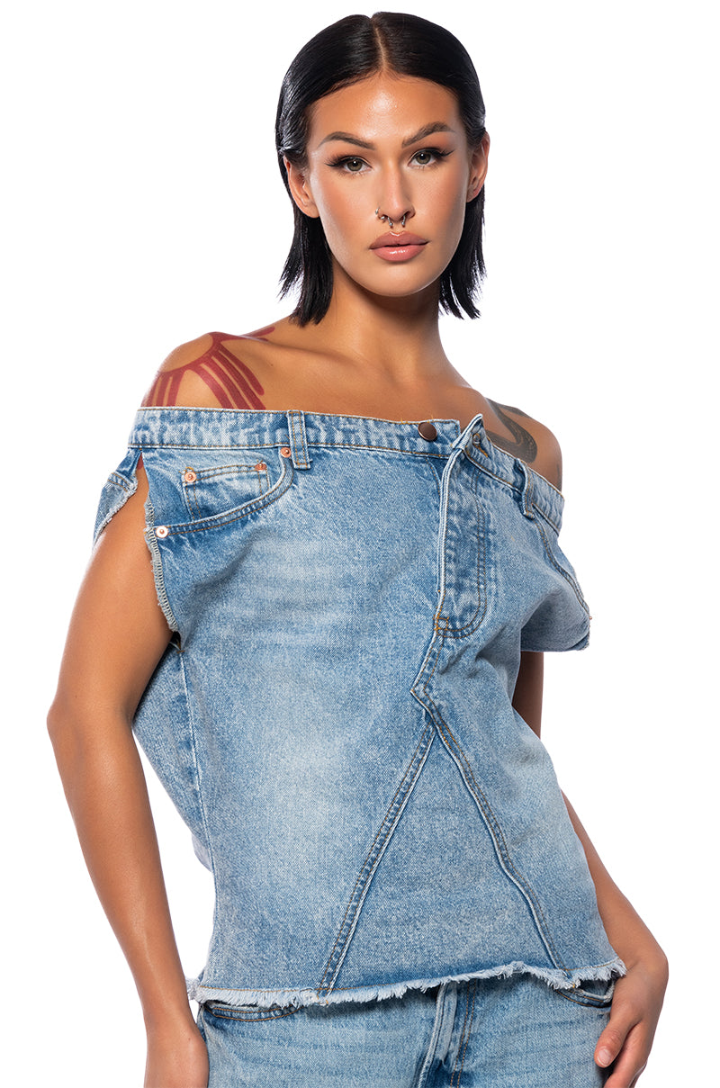 THE WAY I WANT OFF THE SHOULDER DENIM TOP