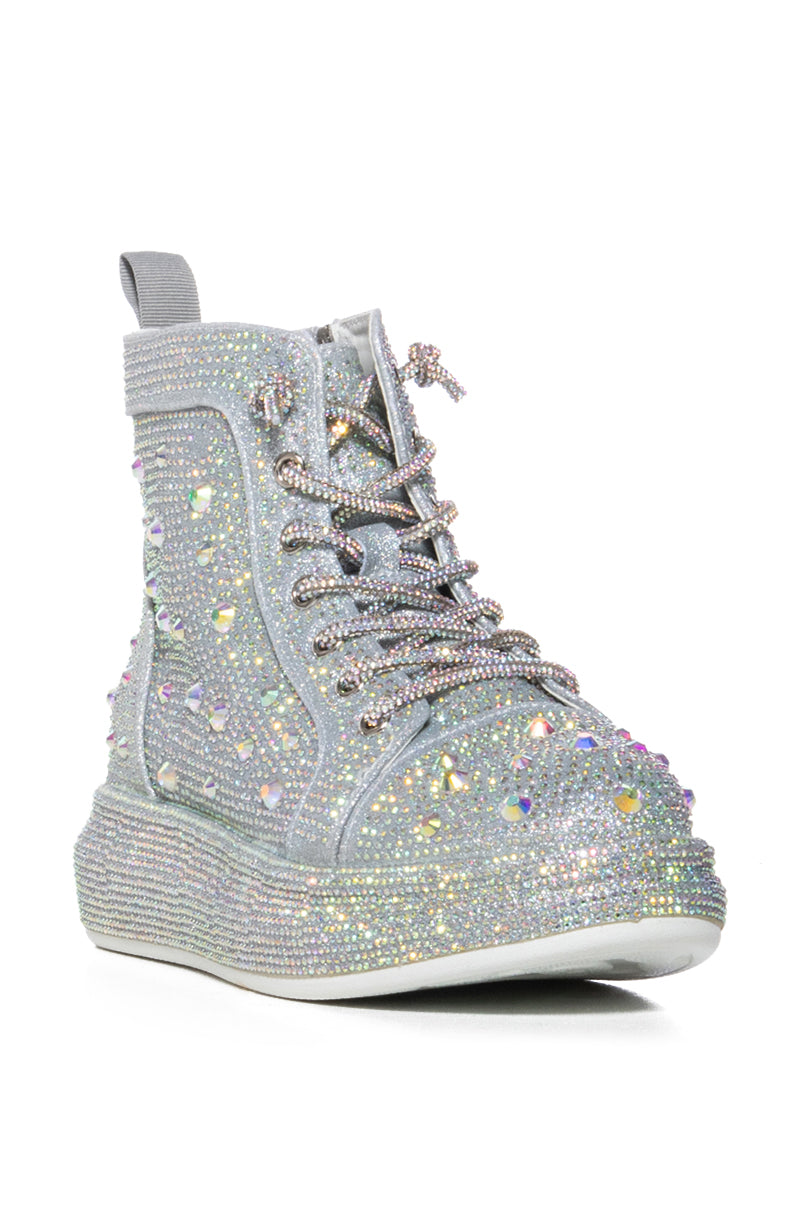 AZALEA WANG OTIS RHINESTONE HIGH TOP SNEAKER IN SILVER