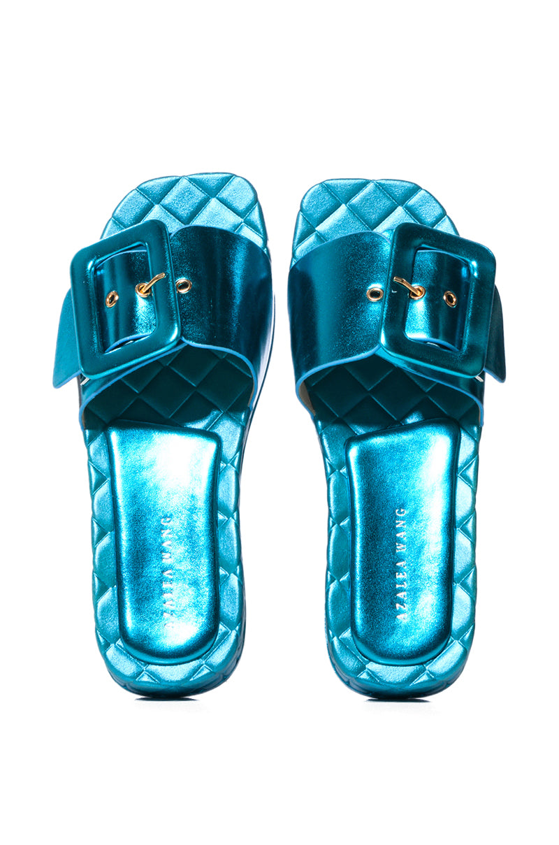 AZALEA WANG LIZZO BLUE METALLIC SANDAL WITH BUCKLE