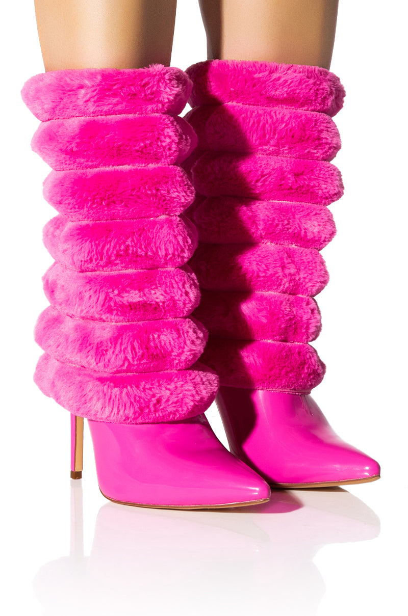 AZALEA WANG FRENCH PUFFY FUR STILETTO BOOTIE IN PINK