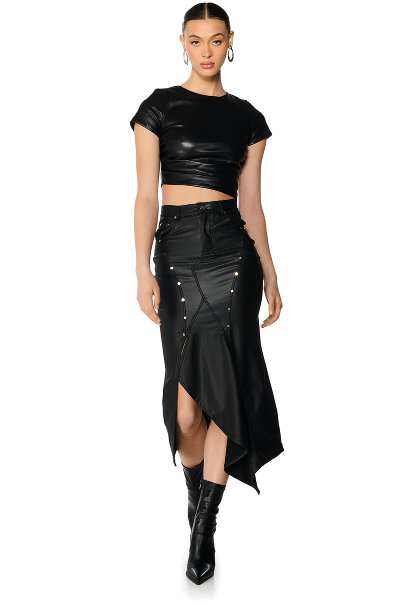 VALENTINA SHORT SLEEVE FAUX LEATHER CROP SHIRT