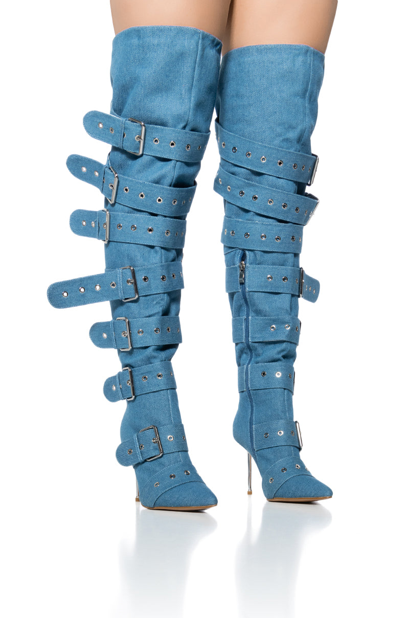 AZALEA WANG NYXIE DENIM BELT BOOT