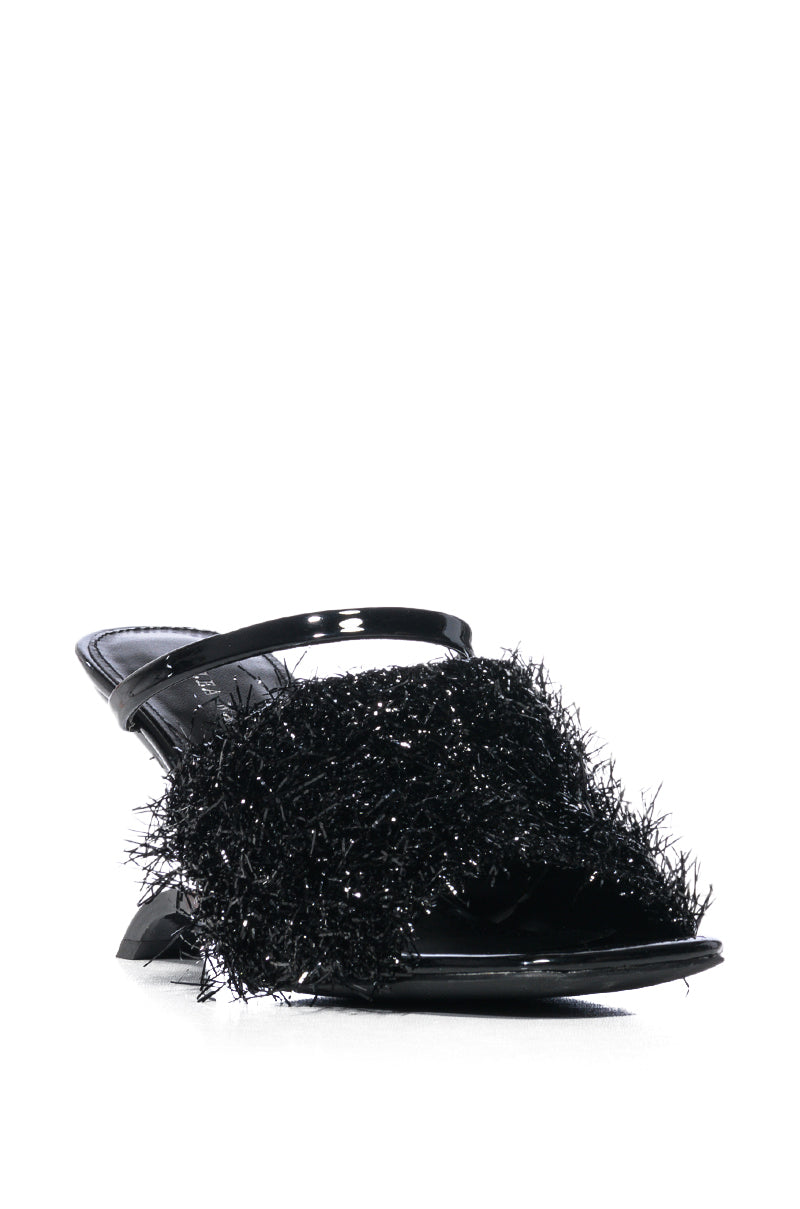 AZALEA WANG MISHA TWEED TINSEL INVERSE HEEL SANDAL IN BLACK