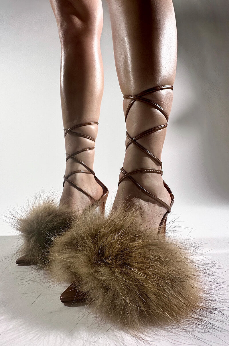 AZALEA WANG BUNNY FUR STILETTO SANDAL IN BROWN