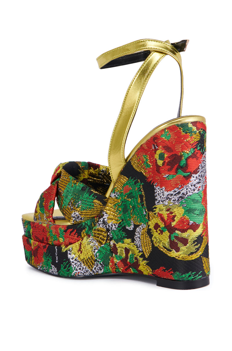 AZALEA WANG CHARMED BROCADE WEDGE SANDAL IN MULTI