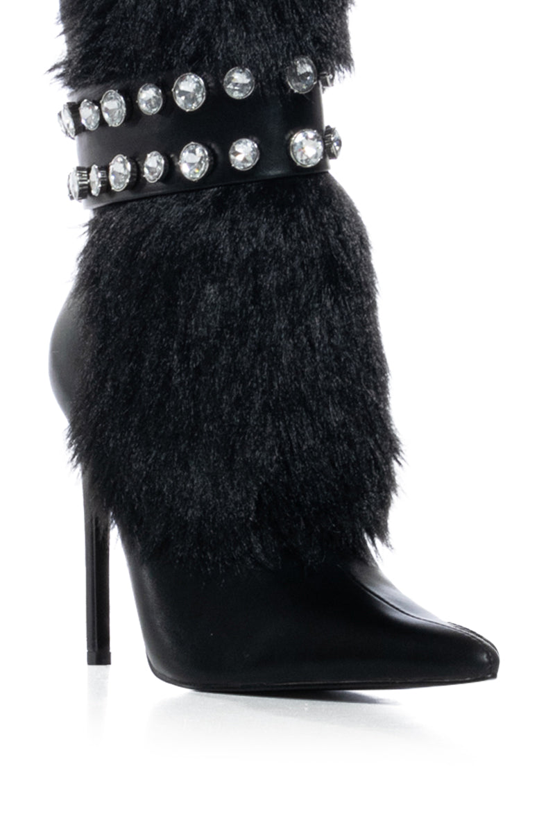 AZALEA WANG STATEN BLACK FUZZY EMBELLISHED BOOTIE