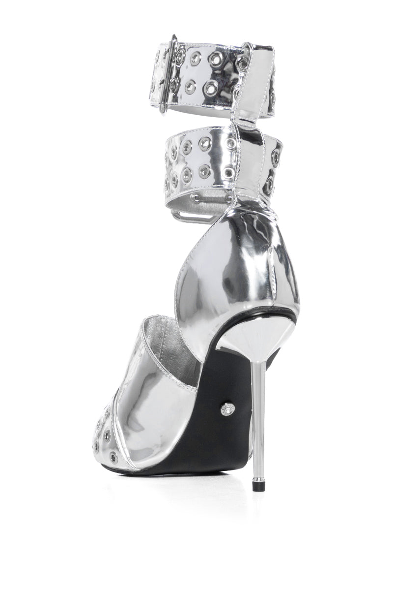 AZALEA WANG CYCLONE METALLIC DOUBLE BUCKLE STRAP PUMP IN SILVER