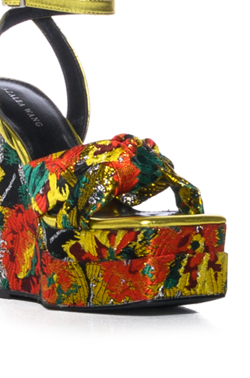 AZALEA WANG CHARMED BROCADE WEDGE SANDAL IN MULTI