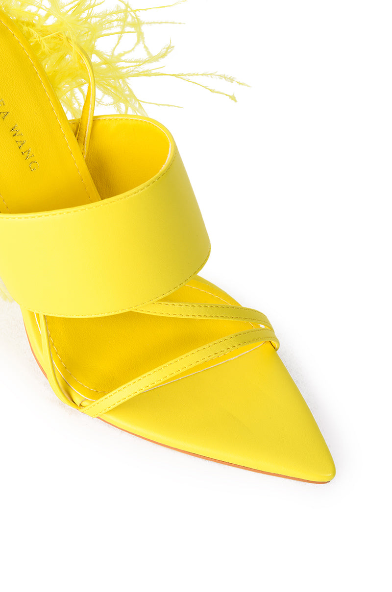 AZALEA WANG CHICK FEATHER DECOR POINTED TOE SANDAL IN YELLOW