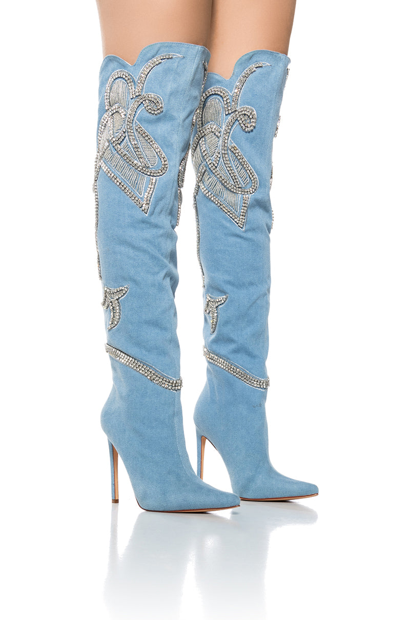 AZALEA WANG EVERLEE DENIM SILVER EMBELLISHED BOOT