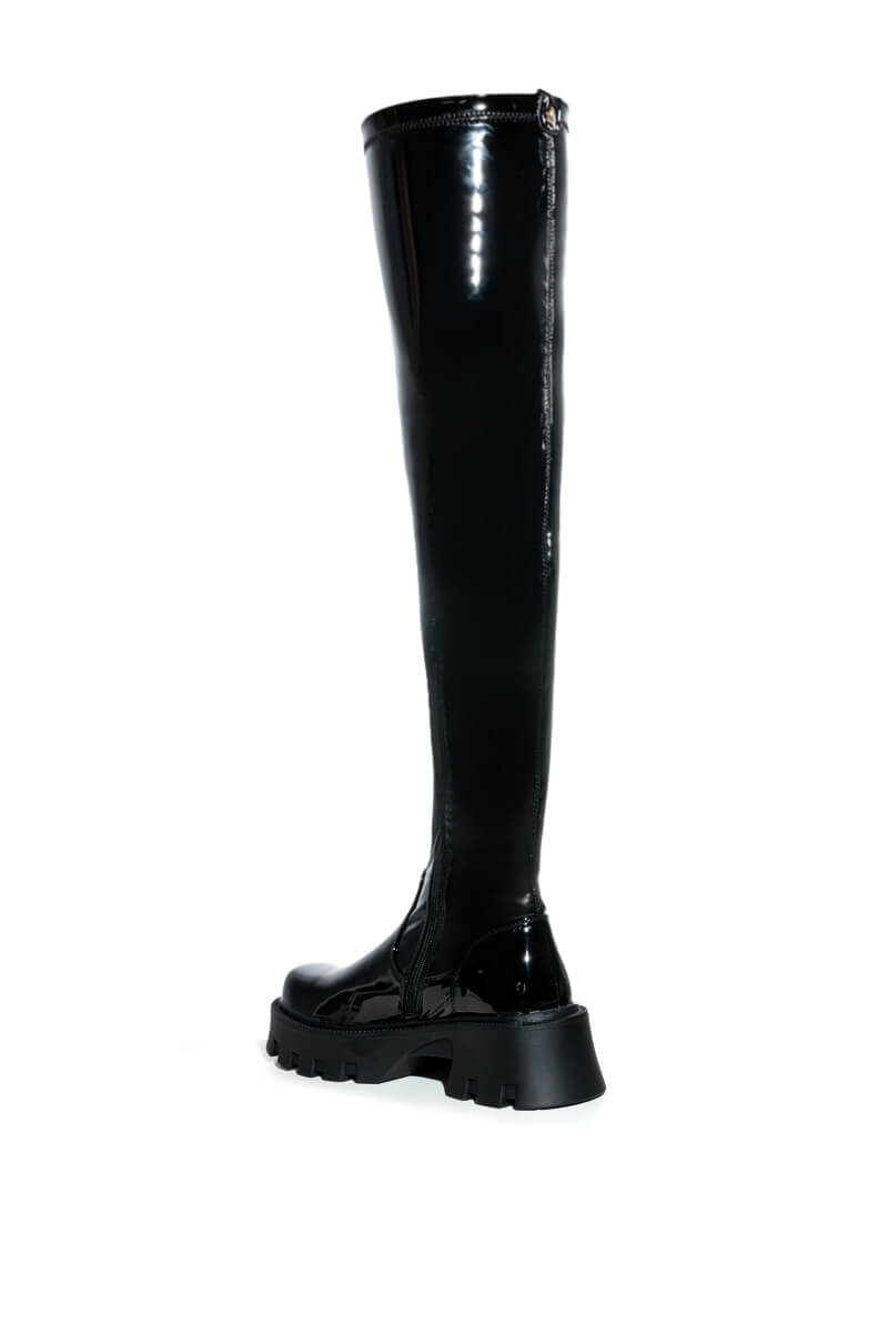 AZALEA WANG MILLY THIGH HIGH FLATFORM BOOT IN BLACK STRETCH