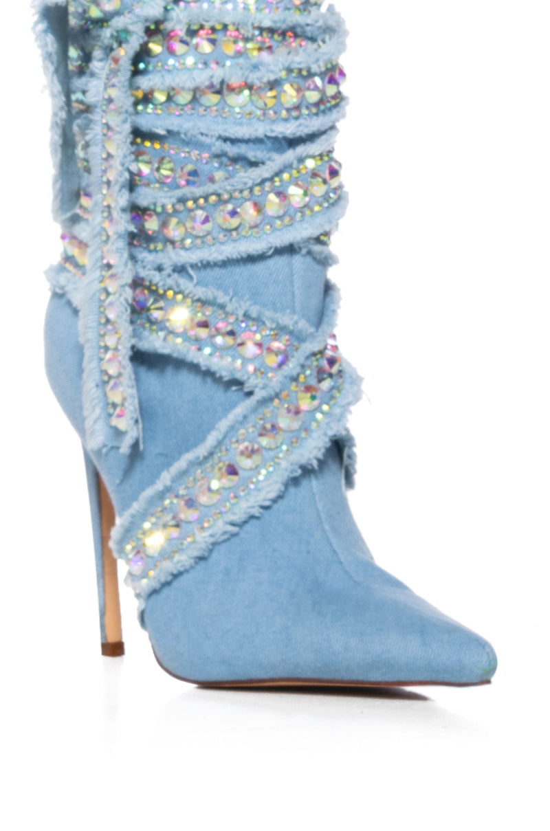 AZALEA WANG FINLAY DENIM BOOTIE WITH RHINESTONE WRAP