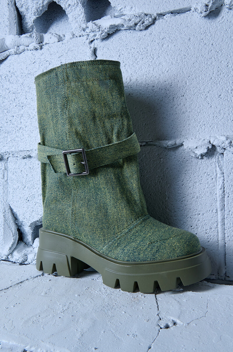 AZALEA WANG MARCELINE BUCKET GREEN DENIM BOOTIE