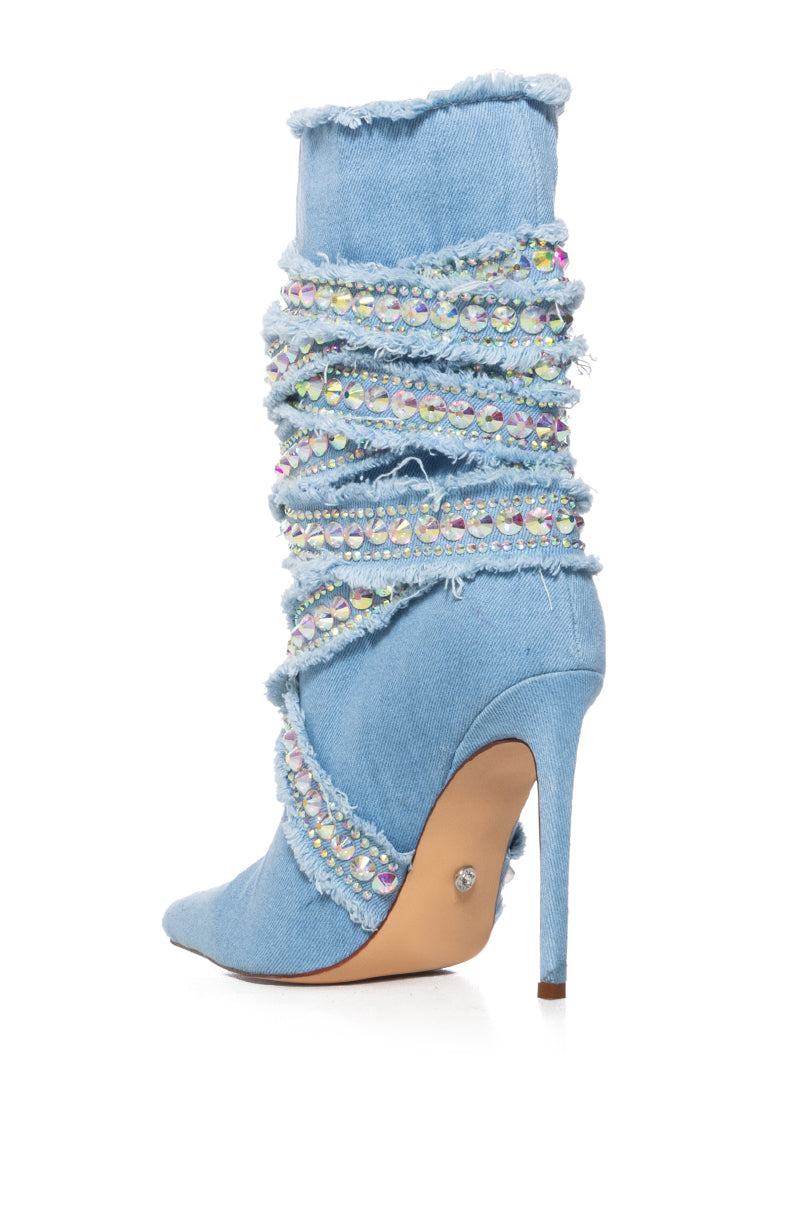 AZALEA WANG FINLAY DENIM BOOTIE WITH RHINESTONE WRAP