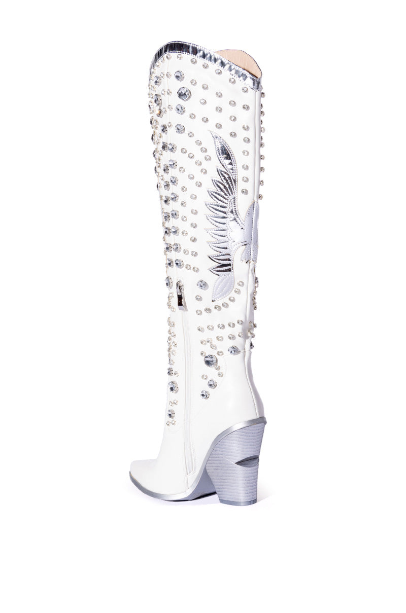 AZALEA WANG UPBEAT EMBELLISHED STILETTO BOOT IN WHITE