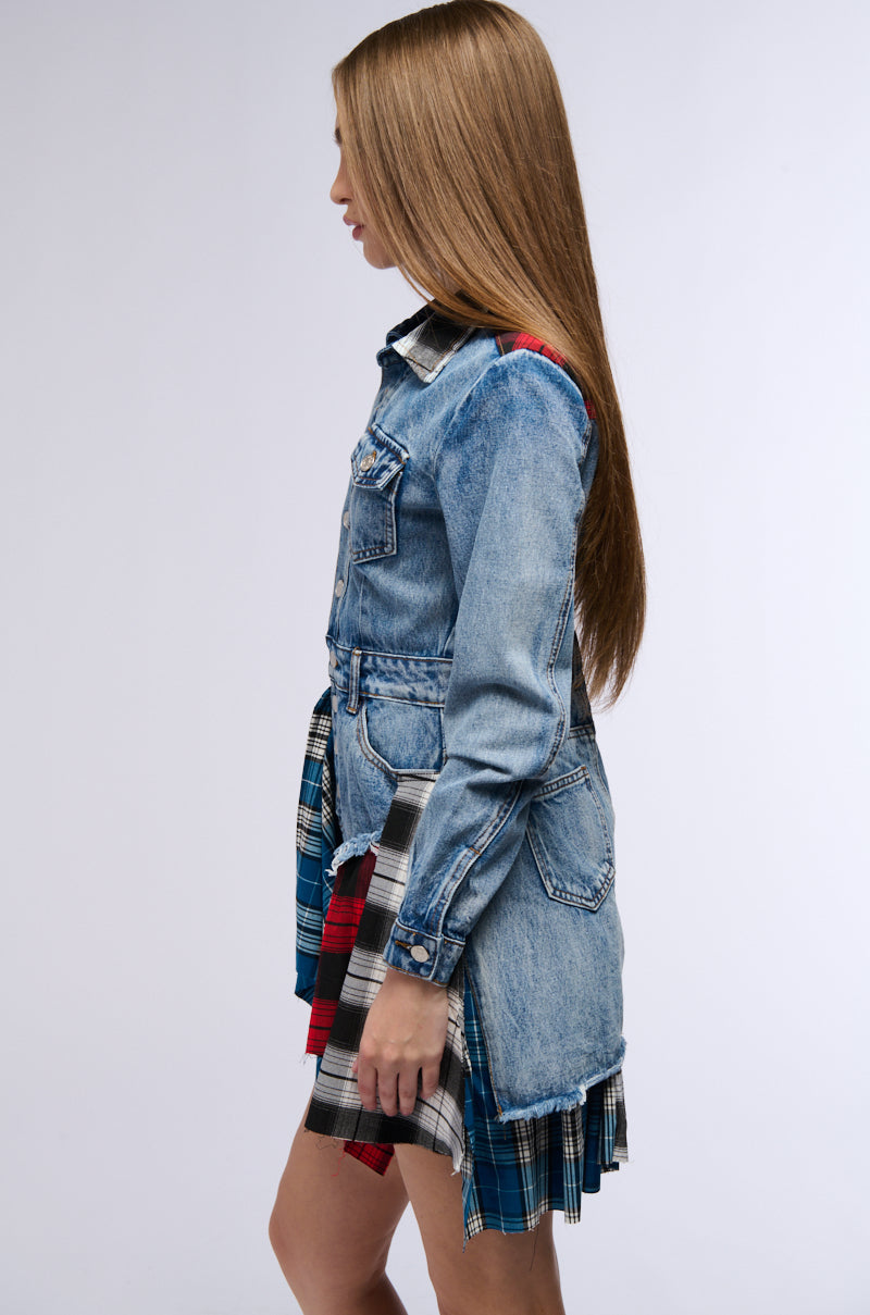 PATCHWORK PLAID DENIM MINI DRESS