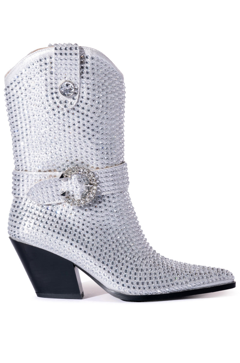 AZALEA WANG FEDERICA EMBELLISHED WEDGE BOOTIE IN SILVER