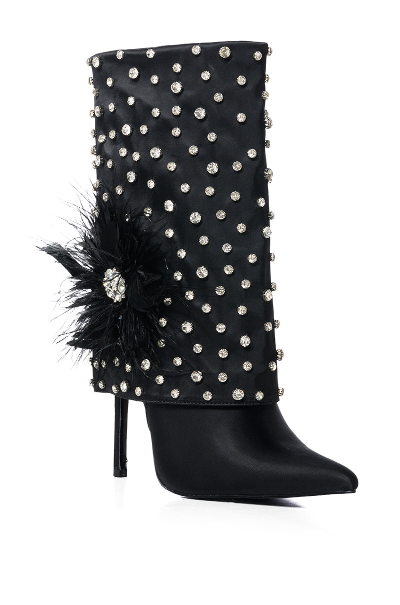 AZALEA WANG BLAISE BLACK DIAMOND STUDDED BOOT WITH FLOWER DETAIL