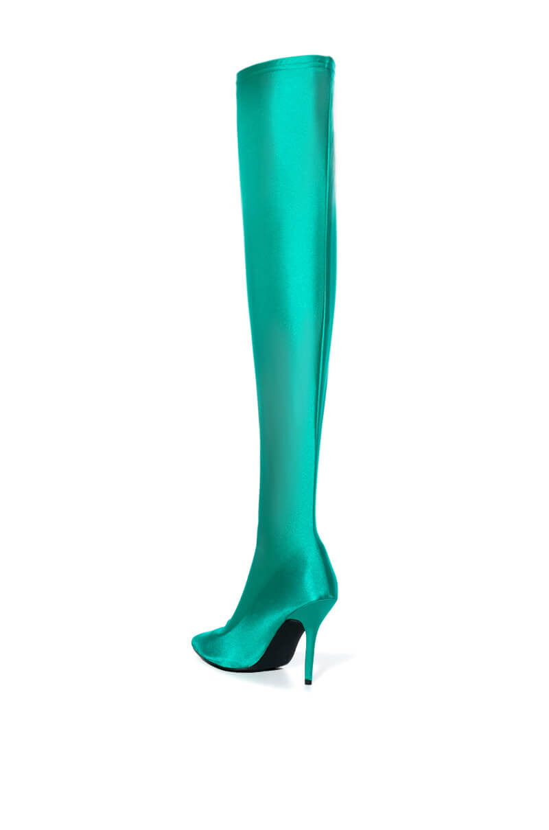 AZALEA WANG HEARTOUT THIGH HIGH STILETTO BOOT IN GREEN STRETCH