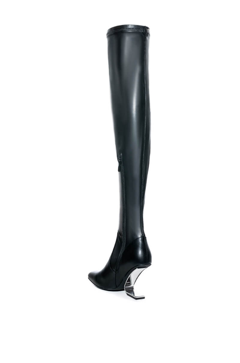 AZALEA WANG STRETCH THIGH HIGH WEDGE BOOT IN BLACK