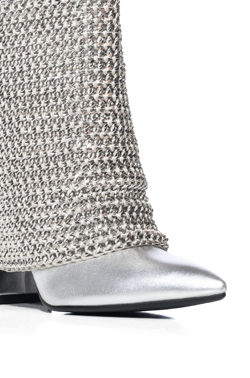 AZALEA WANG HAVANNAH CHAIN COVERED BOOTIE IN SILVER