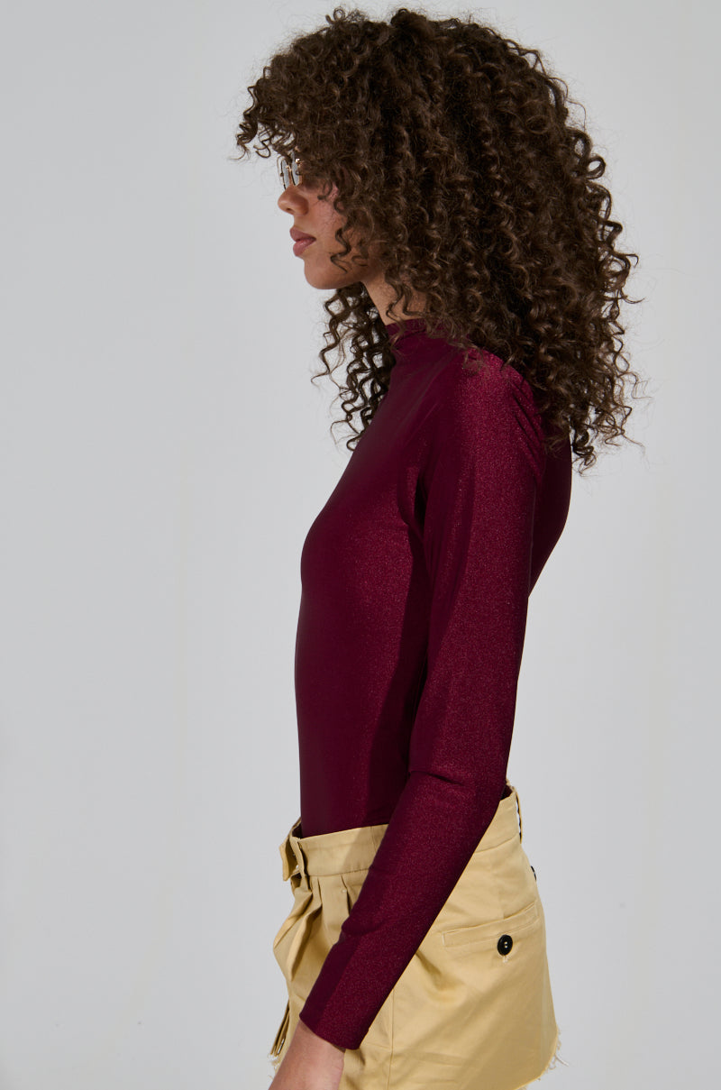 PAXTON DISCO LONG SLEEVE MOCK NECK BODYSUIT IN BURGUNDY