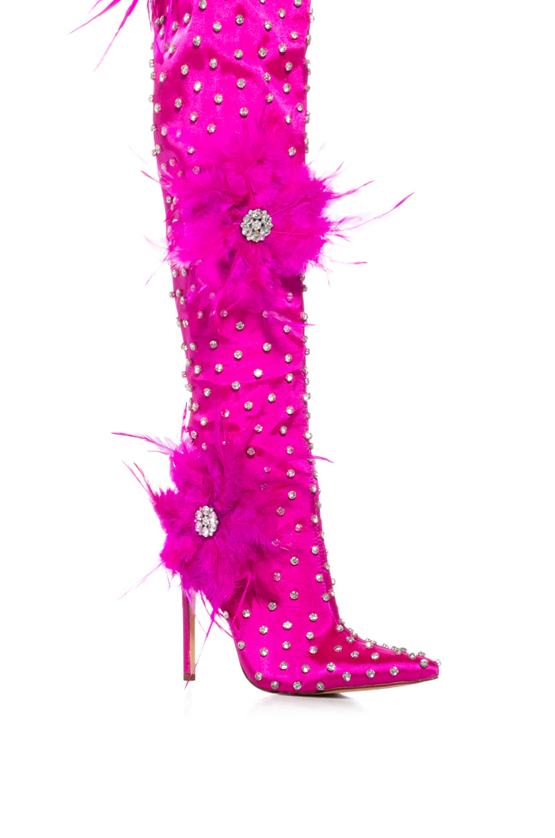 AZALEA WANG TARYN FUCHSIA SATIN FEATHER FLOWER BOOT