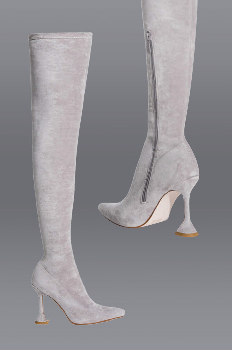 AZALEA WANG ELEVATE THIGH HIGH STRETCH SUEDE BOOT IN GREY