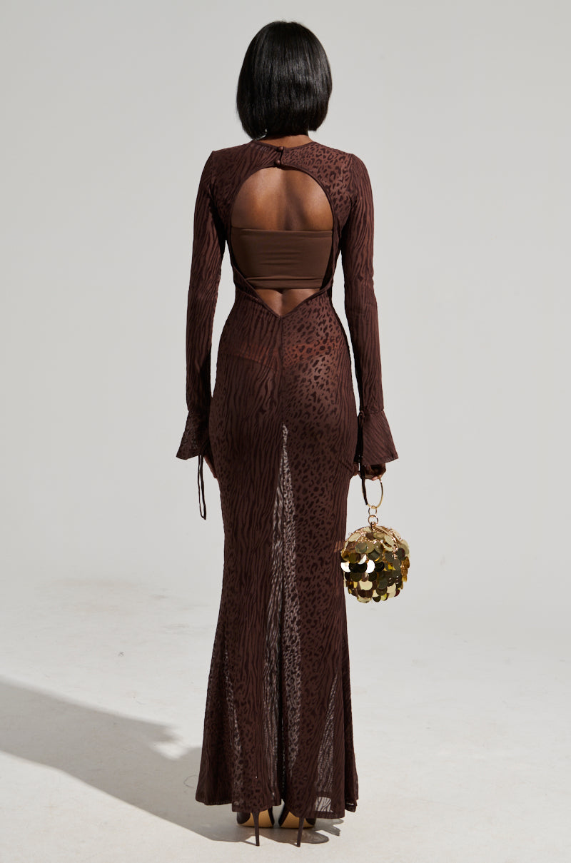 MY GOOD SIDE LEOPARD MESH MAXI DRESS IN BROWN