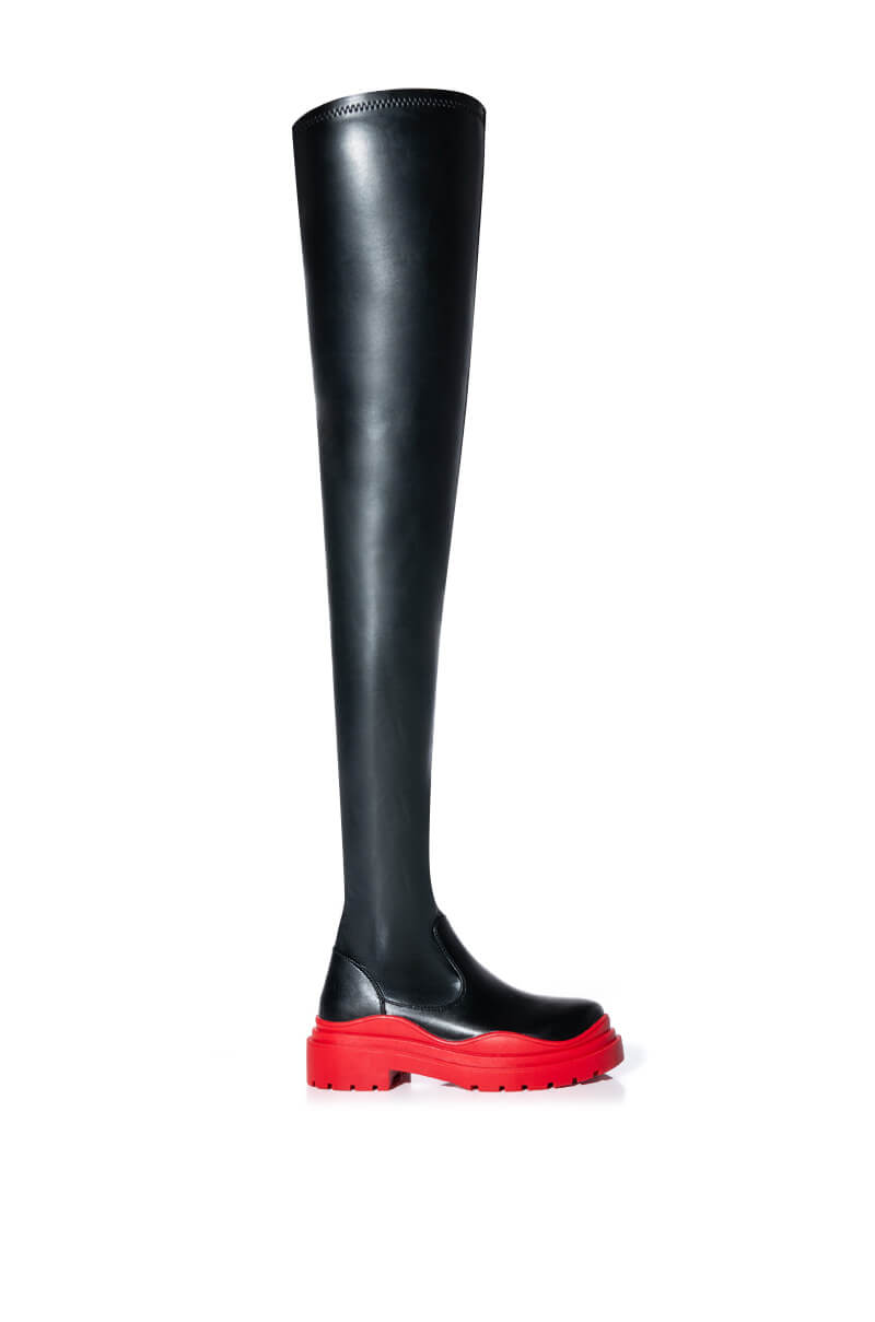 AZALEA WANG NAOMI THIGH HIGH STRETCH FLATFORM BOOT IN RED