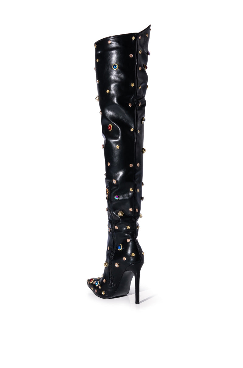 AZALEA WANG CORINNE EMBELLISHED ABOVE THE KNEE BOOT IN BLACK