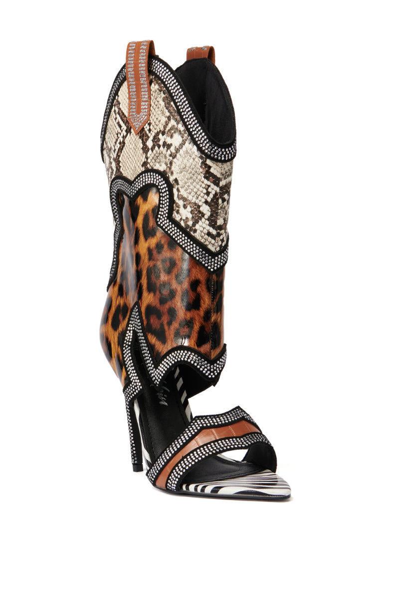 NAYAYE ANIMAL PRINT WESTERN OPEN TOE STILETTO BOOTIE