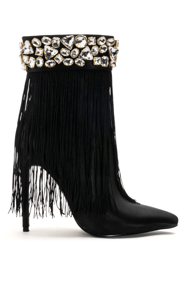 AZALEA WANG AVERI EMBELLISHED FRINGE BOOTIE IN BLACK