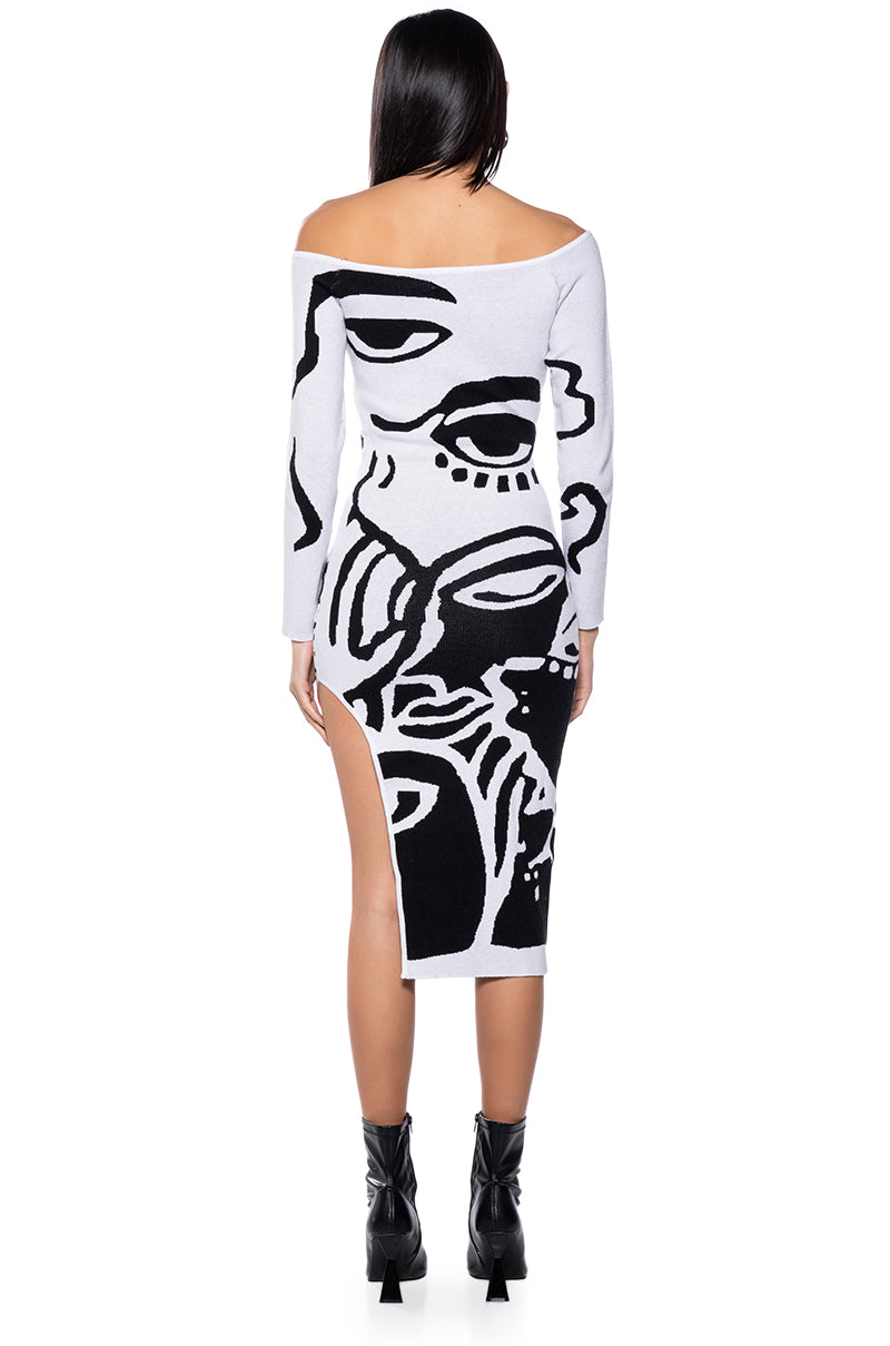 LOOK AT ME ABSTRACT PRINT KNIT MIDI DRESS