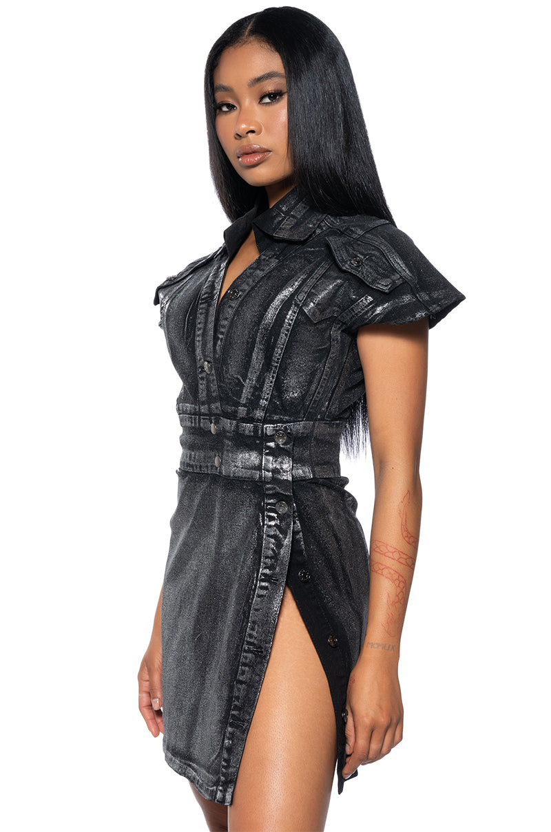 NEVER TOO MUCH DENIM METALLIC MINI DRESS