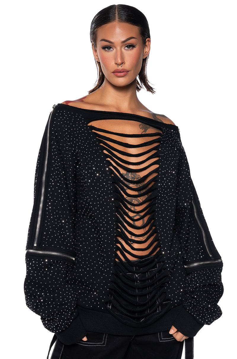 DISTRESSED OFF THE SHOULDER RHINESTONE EMBELLISHED SWEATSHIRT