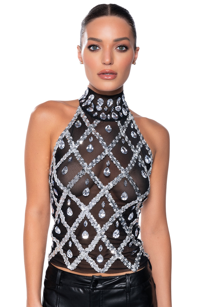 DIAMONDS ARE FOREVER MOCK NECK SLEEVELESS MESH TOP